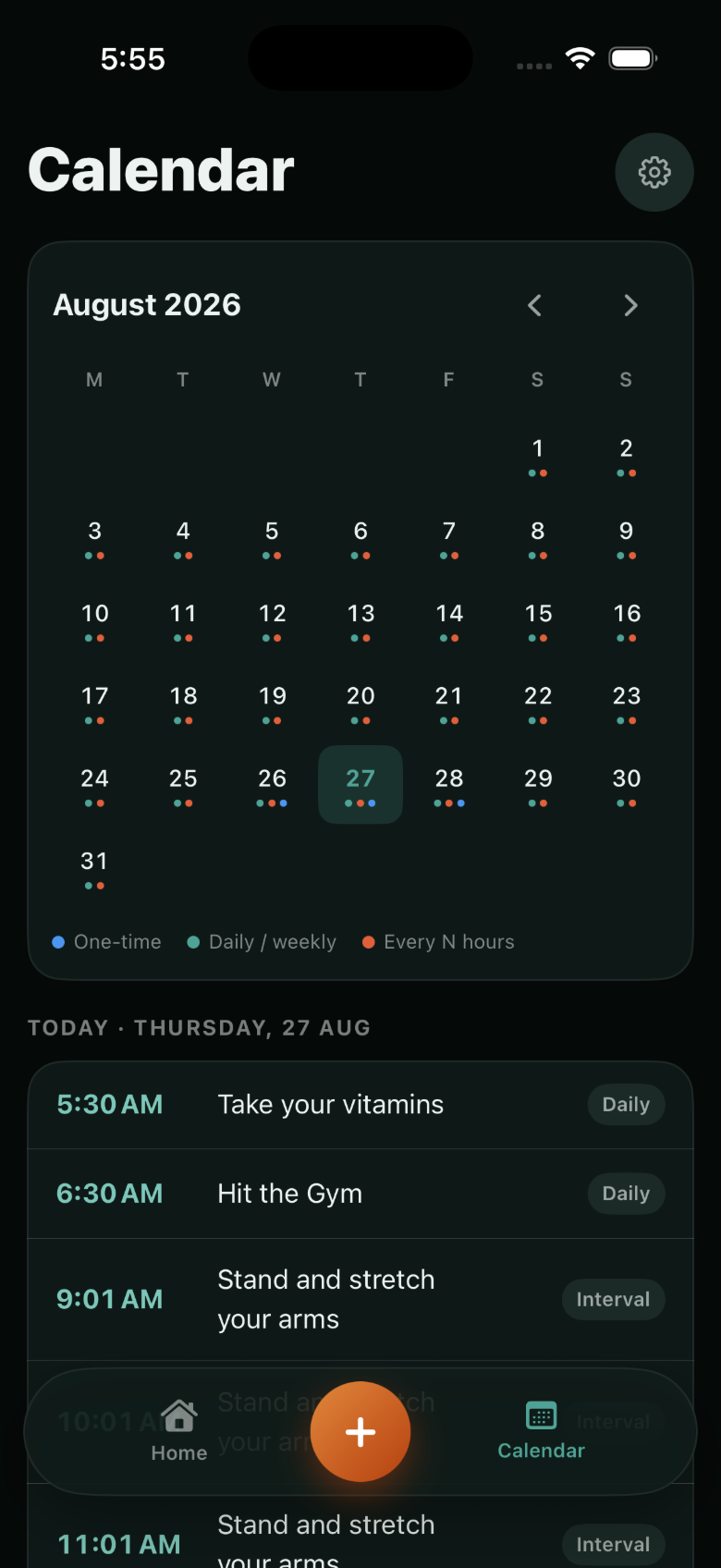 CallMeThen calendar showing a month of voice reminders color-coded by schedule type, with the day’s spoken reminders and times listed underneath