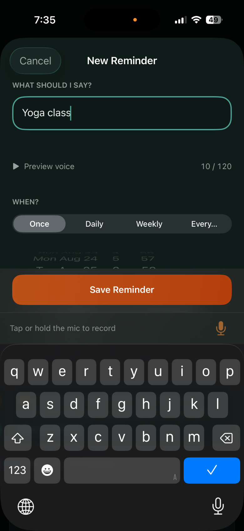 CallMeThen reminder editor with the text “Yoga class”, a voice preview button, live character count, and Once, Daily, Weekly, or Every-N-hours schedule options