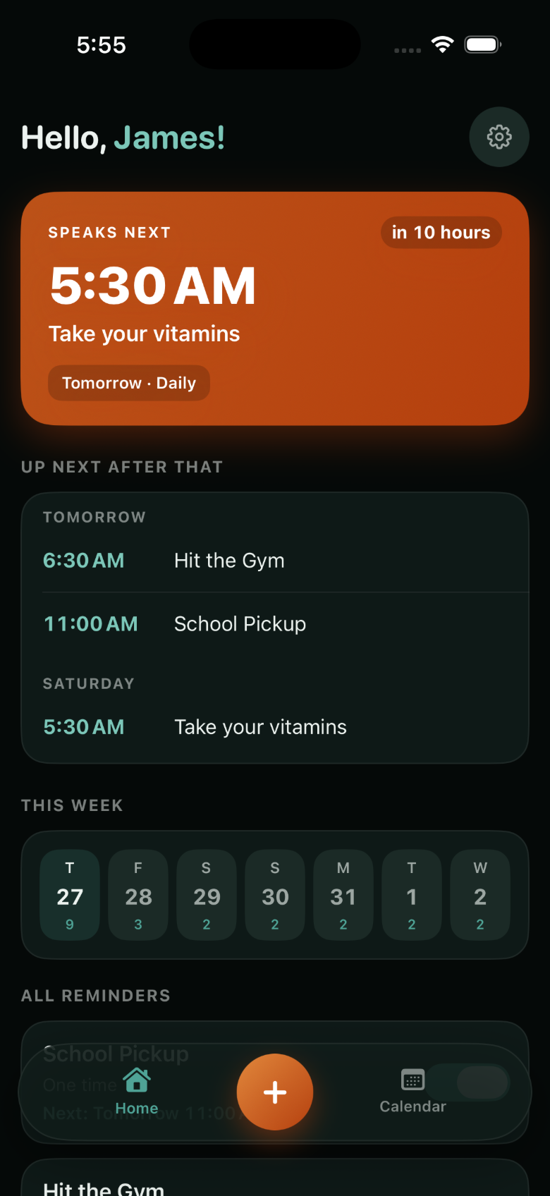 CallMeThen home screen — the next voice reminder, ‘Take your vitamins’, speaks out loud at 5:30 AM