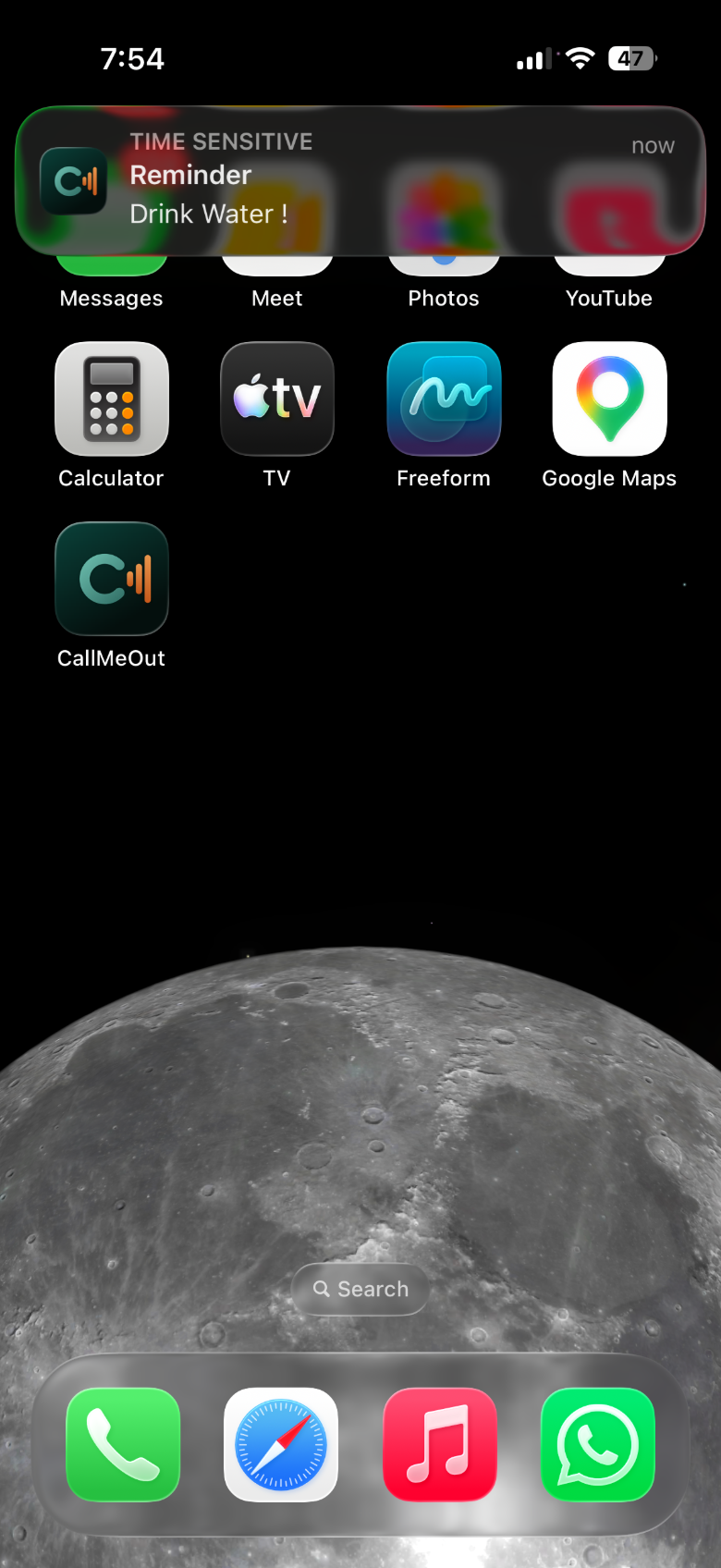 iPhone showing a Time Sensitive notification banner from CallMeThen at the top of the screen — a talking reminder speaking “Drink Water!” out loud