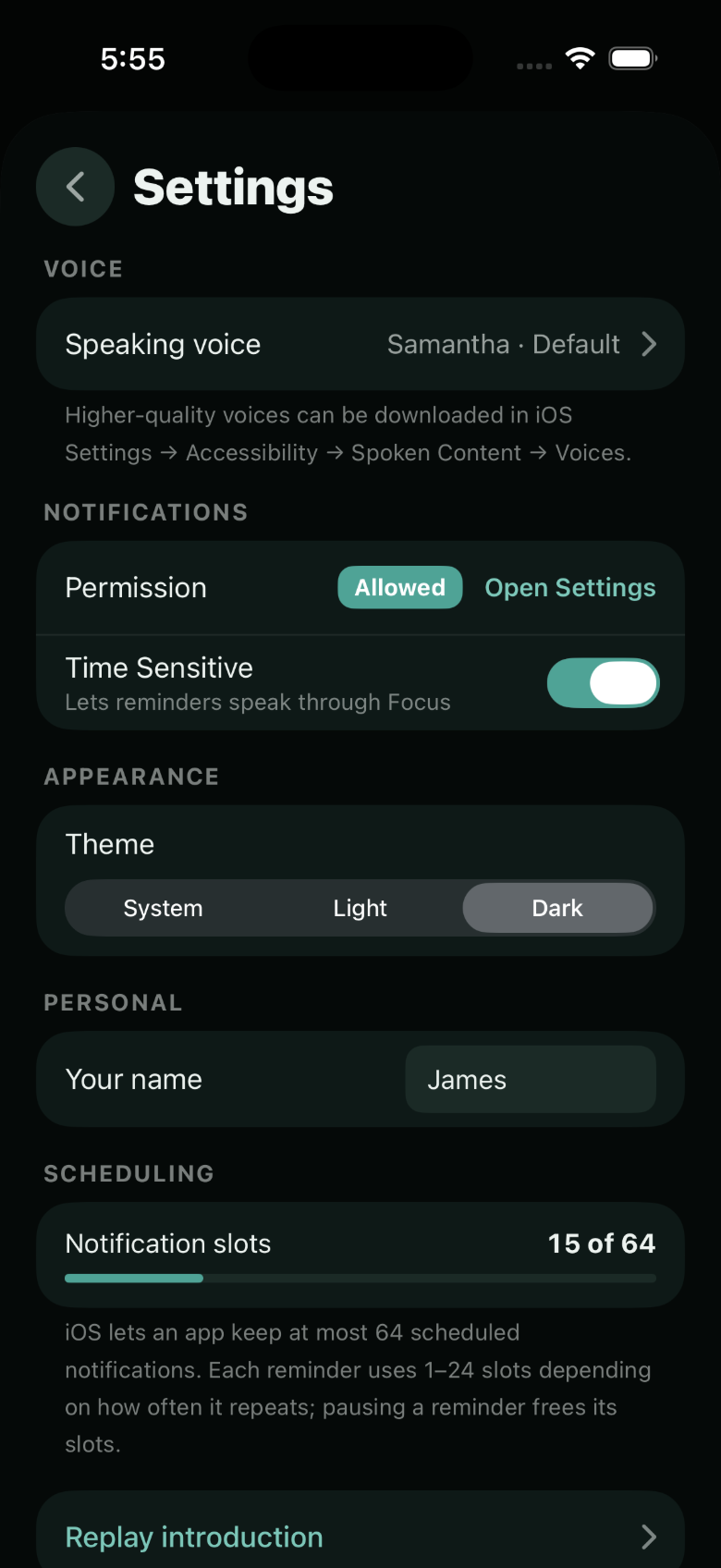 CallMeThen settings screen with notification permission status, the Time Sensitive toggle, speaking-voice choice, and the honest 64-slot notification budget
