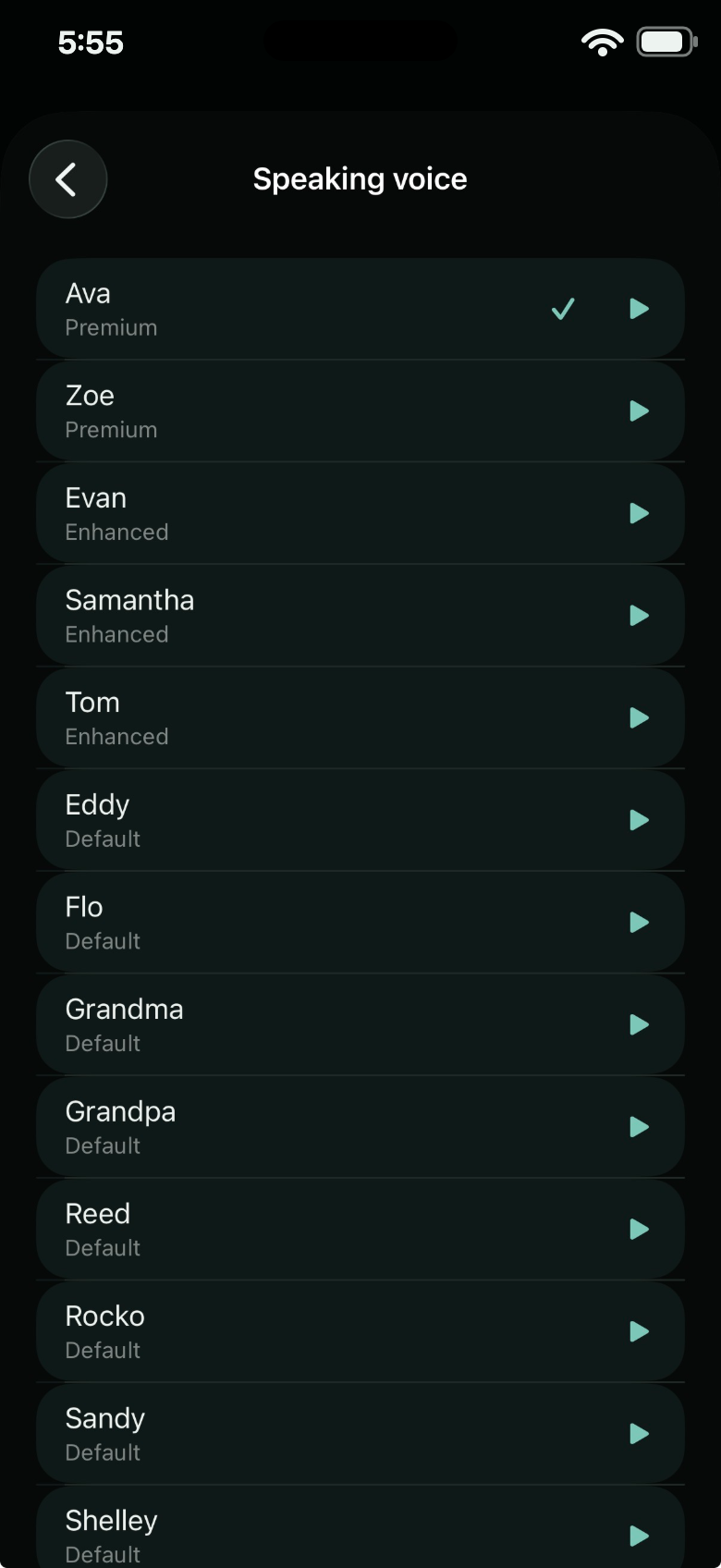 Speaking-voice picker listing premium and enhanced iOS text-to-speech voices — Ava, Zoe, Samantha and more — each with a preview play button